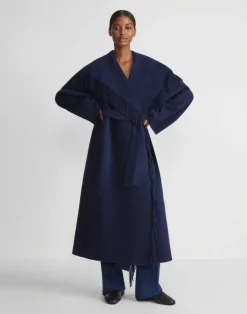 Lafayette 148 New York Brushed Cashmere Double Face Fringed Oversized Coat Midnight Blue