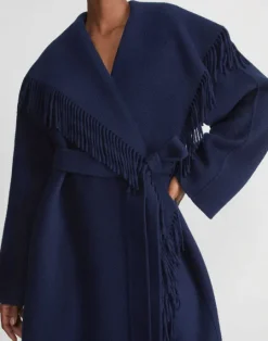 Lafayette 148 New York Brushed Cashmere Double Face Fringed Oversized Coat Midnight Blue