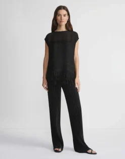 Outlet Lafayette 148 New York Burlap Jacquard Linen Viscose-Silk Fringed Blouse Black