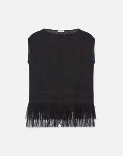 Outlet Lafayette 148 New York Burlap Jacquard Linen Viscose-Silk Fringed Blouse Black