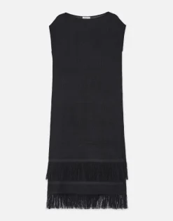 New Lafayette 148 New York Burlap Jacquard Linen Viscose-Silk Fringed Dress Black