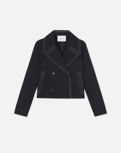 Hot Lafayette 148 New York Cotton Twill Double Breasted Contrast Stitched Jacket Navy