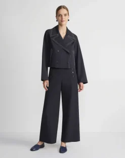 Hot Lafayette 148 New York Cotton Twill Double Breasted Contrast Stitched Jacket Navy