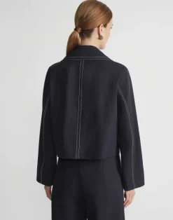Hot Lafayette 148 New York Cotton Twill Double Breasted Contrast Stitched Jacket Navy