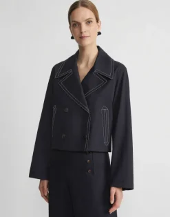 Hot Lafayette 148 New York Cotton Twill Double Breasted Contrast Stitched Jacket Navy