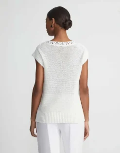 Outlet Lafayette 148 New York Cotton-Silk Hand Macram Trim Sweater White Multi