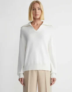 Sale Lafayette 148 New York Cotton-Silk Tape Collared Sweater Cloud