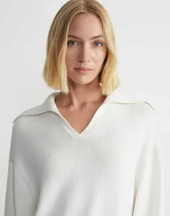 Sale Lafayette 148 New York Cotton-Silk Tape Collared Sweater Cloud