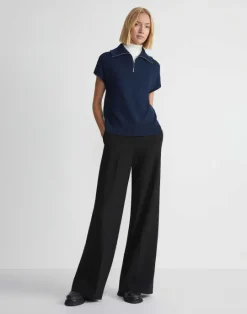 Sale Lafayette 148 New York Cotton-Silk Tape Half Zip Sweater Midnight Blue