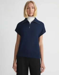 Sale Lafayette 148 New York Cotton-Silk Tape Half Zip Sweater Midnight Blue