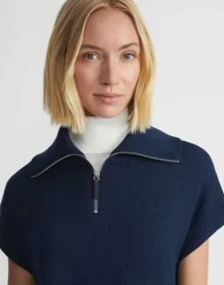 Sale Lafayette 148 New York Cotton-Silk Tape Half Zip Sweater Midnight Blue