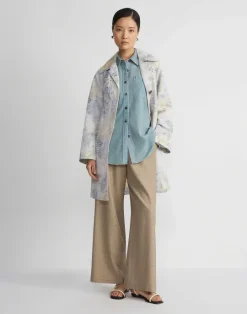 Lafayette 148 New York Eco Fern Print Linen-Poly Overcoat Bluestone Multi