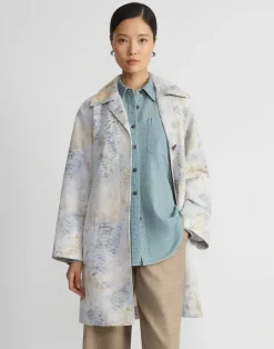 Lafayette 148 New York Eco Fern Print Linen-Poly Overcoat Bluestone Multi