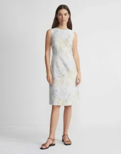 Discount Lafayette 148 New York Eco Fern Print Linen-Poly Sheath Dress Bluestone Multi