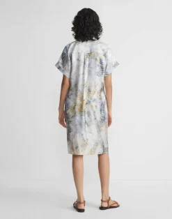 New Lafayette 148 New York Eco Fern Print Silk Twill Tunic Button Dress Bluestone Multi