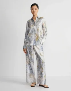 Sale Lafayette 148 New York Eco Fern Print Silk Twill Buttoned Blouse Bluestone Multi
