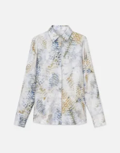 Sale Lafayette 148 New York Eco Fern Print Silk Twill Buttoned Blouse Bluestone Multi