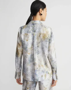 Sale Lafayette 148 New York Eco Fern Print Silk Twill Buttoned Blouse Bluestone Multi