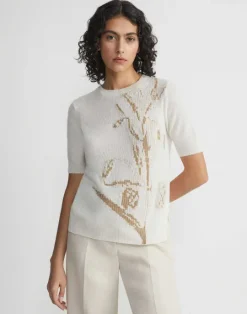 Lafayette 148 New York Eco Flora Jacquard Cashmere Crewneck Sweater Cloud Multi