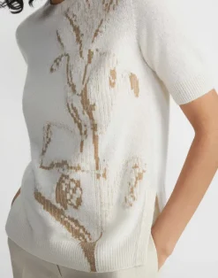 Lafayette 148 New York Eco Flora Jacquard Cashmere Crewneck Sweater Cloud Multi