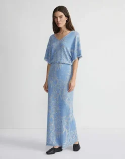 Clearance Lafayette 148 New York Eco Flora Jacquard Finespun Voile Convertible Sweater Dress Sky Blue Multi