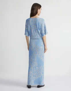 Clearance Lafayette 148 New York Eco Flora Jacquard Finespun Voile Convertible Sweater Dress Sky Blue Multi