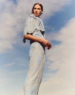 Clearance Lafayette 148 New York Eco Flora Jacquard Finespun Voile Convertible Sweater Dress Sky Blue Multi
