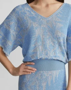 Clearance Lafayette 148 New York Eco Flora Jacquard Finespun Voile Convertible Sweater Dress Sky Blue Multi