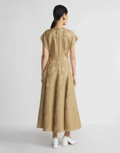 Clearance Lafayette 148 New York Eco Flora Jacquard Linen-Viscose Flared Dress Cadet Khaki