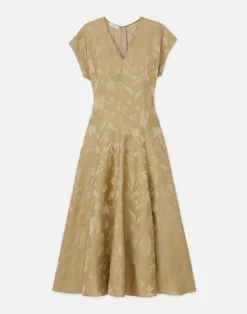 Clearance Lafayette 148 New York Eco Flora Jacquard Linen-Viscose Flared Dress Cadet Khaki