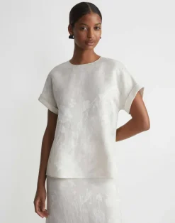 Discount Lafayette 148 New York Eco Flora Jacquard Linen-Viscose T-Shirt Blouse Pebble
