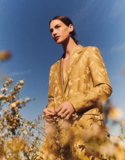 Discount Lafayette 148 New York Eco Flora Jacquard Linen-Viscose Belted Blazer Cadet Khaki