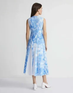 Lafayette 148 New York Eco Flora Print Poplin Pleated Dress Sky Blue Multi
