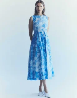 Lafayette 148 New York Eco Flora Print Poplin Pleated Dress Sky Blue Multi