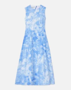 Lafayette 148 New York Eco Flora Print Poplin Pleated Dress Sky Blue Multi