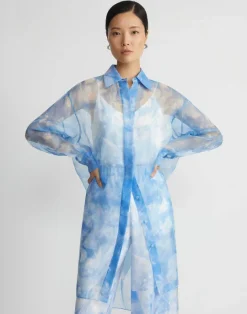 Lafayette 148 New York Eco Flora Print Silk Organza Oversized Tunic Blouse Bluebell Multi