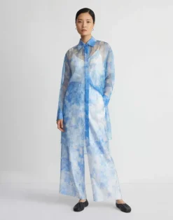 Lafayette 148 New York Eco Flora Print Silk Organza Oversized Tunic Blouse Bluebell Multi