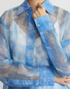 Lafayette 148 New York Eco Flora Print Silk Organza Oversized Tunic Blouse Bluebell Multi