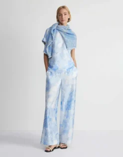 Clearance Lafayette 148 New York Eco Flora Print Silk Twill Riverside Pant Sky Blue Multi