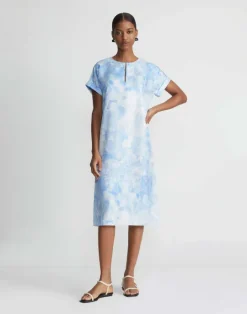 Online Lafayette 148 New York Eco Flora Print Silk Twill T-Shirt Dress Sky Blue Multi