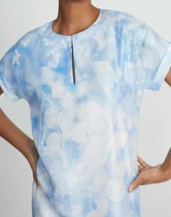 Online Lafayette 148 New York Eco Flora Print Silk Twill T-Shirt Dress Sky Blue Multi