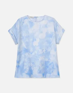 Sale Lafayette 148 New York Eco Flora Print Silk Twill T-Shirt Blouse Sky Blue Multi