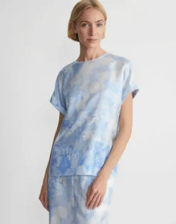 Sale Lafayette 148 New York Eco Flora Print Silk Twill T-Shirt Blouse Sky Blue Multi