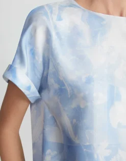 Sale Lafayette 148 New York Eco Flora Print Silk Twill T-Shirt Blouse Sky Blue Multi