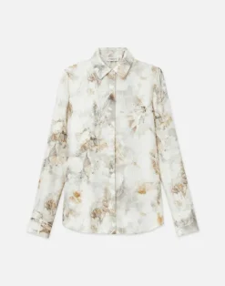 Best Lafayette 148 New York Eco Leaves Print Silk Twill Buttoned Blouse Pebble Multi