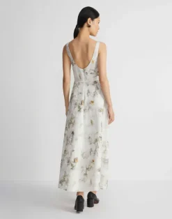 Lafayette 148 New York Eco Leaves Print Silk-Linen Bateau Gown Cloud Multi