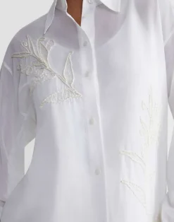 Discount Lafayette 148 New York Embroidered Flora Cotton Voile Oversized Shirt White