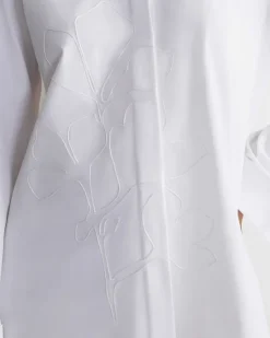 New Lafayette 148 New York Embroidered Rose Organic Cotton Poplin Oversized Shirt White