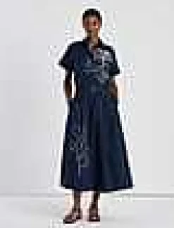Hot Lafayette 148 New York Embroidered Rose Organic Cotton Poplin Shirtdress Midnight Blue