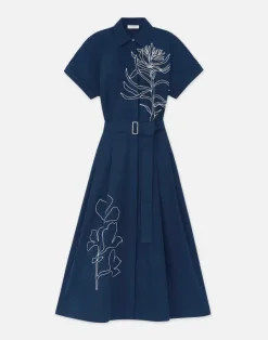 Hot Lafayette 148 New York Embroidered Rose Organic Cotton Poplin Shirtdress Midnight Blue